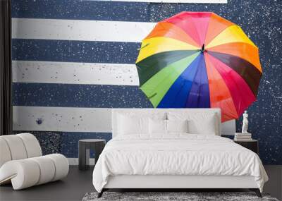 An AI generative image of rainbow umbrella crossing at Zebra crossing. Wall mural