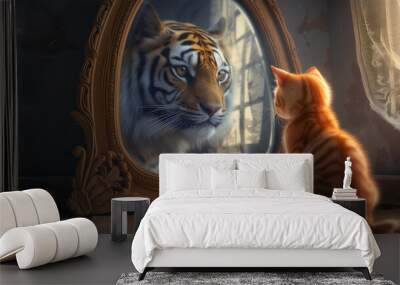 An Ai generative image of small orange cat looking at the huge tiger inside the mirror on the wall. Wall mural