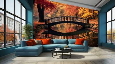 a serene lake bridge surrounded by a fall forest Wall mural