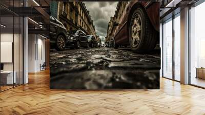 an old street  with parked cars Wall mural