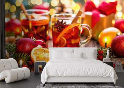 mulled wine with oranges and holly in a glass cup Wall mural