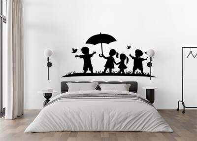 Silhouette of children holding an umbrella together Wall mural