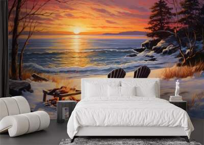 two chairs by the fire on snowy beach at sunset Wall mural