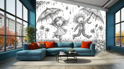 two children splashing in puddles under umbrellas Wall mural