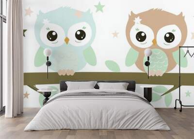 Two cute owls sitting on a branch Wall mural