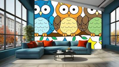 Two cute owls sitting on a branch Wall mural