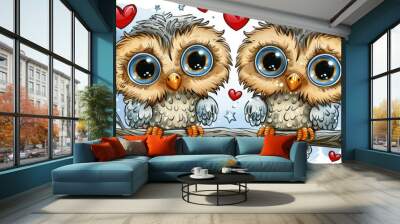 Two cute owls sitting on a branch Wall mural