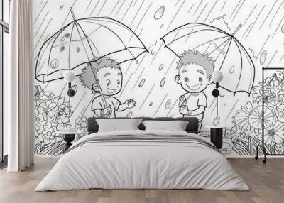 two happy children playing in the rain Wall mural