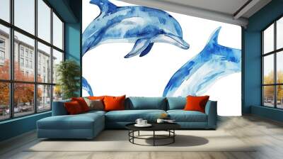 Watercolor blue dolphins swimming Wall mural