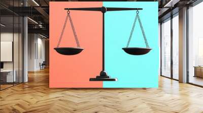 A balancing scale illustration symbolizes fairness and justice, set against contrasting backgrounds of red and turquoise. This abstract design evokes sense of equilibrium and decision making Wall mural