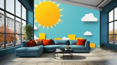 A bright and cheerful illustration of sunny day featuring large yellow sun, fluffy white clouds, and rising profits represented by yellow bars. This vibrant scene evokes sense of optimism and growth Wall mural