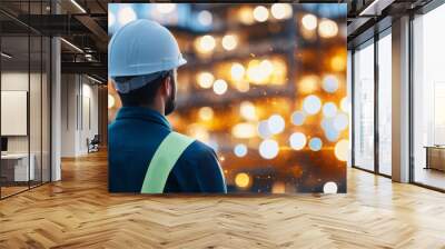 A construction leader observing site at dusk, wearing hard hat and safety vest, surrounded by glowing lights. Wall mural