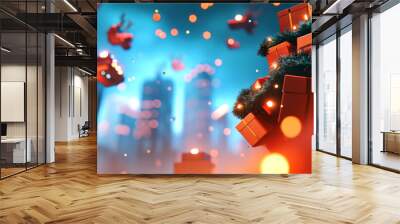 A vibrant futuristic city scene filled with festive decorations, glowing lights, and floating gifts, creating magical holiday atmosphere Wall mural