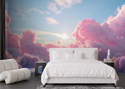 Background podium pink 3d product sky platform display cloud pastel scene render stand. Pink podium stage minimal abstract background beauty dreamy space studio pedestal smoke showcase geometric white Wall mural