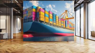 Container ship carrying container boxes import export dock with quay crane. Business commercial trade global cargo freight shipping logistic and transportation worldwide oversea concept. Wall mural