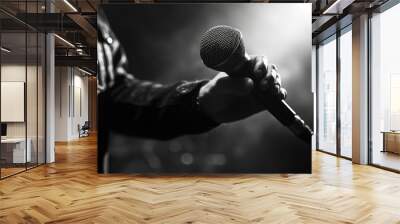 Detailed black and white image of a person holding a microphone with focus on texture and contrast in a performance context Wall mural