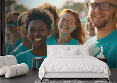 Diverse Group of Young Adults Smiling and Enjoying Outdoor Event in Bright Sunlight Wall mural