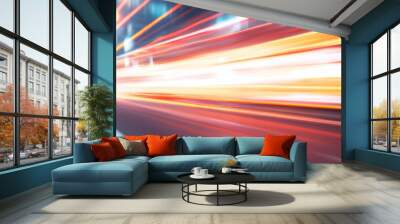 Dynamic light trails create sense of speed and motion in this vibrant image, showcasing energy of urban life. bright colors and blurred lines evoke excitement and movement Wall mural