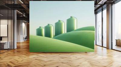 Eco-Friendly Biofuel Infrastructure in Lush Landscape - Sustainable Fuel Storage and Factory with Grain Tower under Clear Skies Wall mural