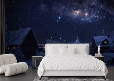 Enchanting Snow-Covered Village Under a Starry Night Sky with Milky Way Galaxy Wall mural