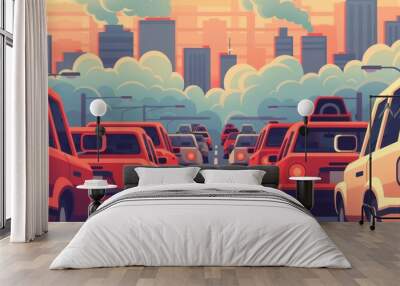 Environmental Impact of Vehicular Emissions: Car Stuck in Traffic with Exhaust Fumes in Cityscape Wall mural