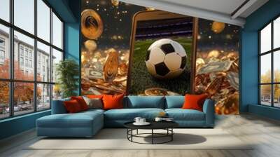 Golden Trophy and Smartphone with Soccer Ball Surrounded by Coins in a Stadium Wall mural