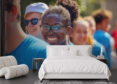 Group of Diverse Young Adults Smiling and Enjoying Outdoor Event in Bright Sunny Weather Wall mural