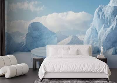 Ice podium background snow winter product platform cold mountain 3D. Podium ice display background cosmetic sky floor blue scene landscape frozen white cool stand pedestal minimal rock glacier nature Wall mural