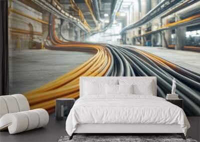 Massive underground cable distribution hub with rows of cables. scene captures intricate layout of black and orange cables, showcasing modern industrial environment. Wall mural