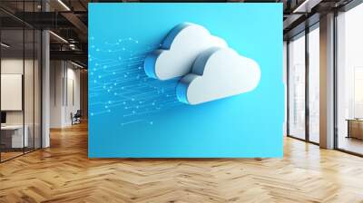 Minimalistic cloud technology artwork representing secure data storage. design features two stylized clouds with digital lines, symbolizing data transfer and connectivity Wall mural