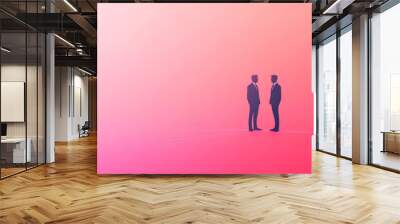 Minimalistic concept of collaboration with abstract shapes, featuring two figures in suits facing each other against soft gradient background. image evokes sense of connection and partnership Wall mural