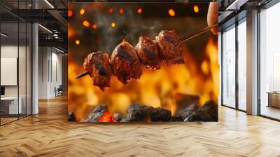 Savory Grilled Meat Skewer Over Hot Coals with Glowing Embers - Rustic Cooking Scene with Carbonization Detail Wall mural