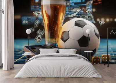 Sports Betting Concept with Soccer Ball, Beer, Calculator, Dice, and Money on Digital Background Wall mural