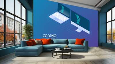 coding with laptop vector isometric Wall mural