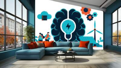 Artificial intelligence for smart green energy. Artificial brain supply energy management. Future energy with solar cell and wind. Idea in artificial technology. Business card, banner, brochure, flyer Wall mural