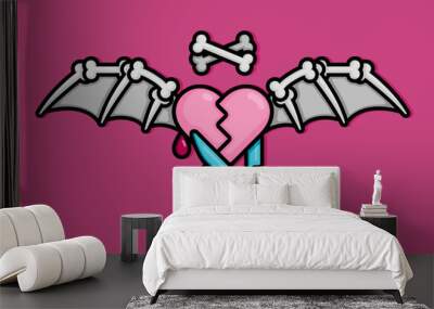 cartoon line style illustration of heart that is cut with scissors and flies with bat wings symbolizes love that ends badly or toxic. Clip art can be used for t shirt, clothing, print, banner, card Wall mural