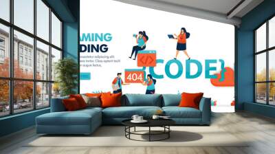 Coding and programming to find bugs in code set in solving error problems, 404, not found. Programming for software and mobile apps. Human vector illustration for website, mobile apps and poster Wall mural