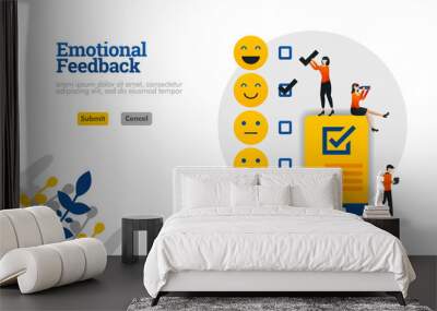 Emotional feedback with emoticons and checklists on smartphones vector illustration concept can be use for, landing page, template, ui ux, web, mobile app, poster, banner, website Wall mural