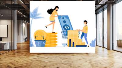 People set budgets to save expenses. Pay for groceries and monthly bills. Vector design illustration can be used for poster, banner, ads, website, web, marketing, flyer Wall mural