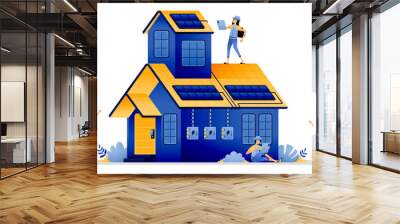 vector illustration of installation of independent use of solar panels in residential areas to reduce electricity costs and protect environment. Can use for web website mobile apps poster banner flyer Wall mural