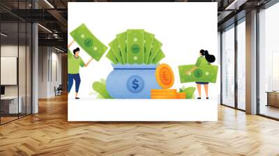 Vector illustration of stashing savings on greenbacks. Investing for the future. Full sacks of dollar bills. Secure future on piling up dollar bills. Can use for ad, poster, campaign, website, apps Wall mural