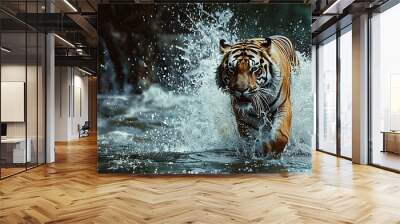 A majestic tiger walking through the jungle waters with splashes of nature's beauty and untamed wilderness. copy space for text. Wall mural