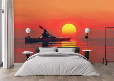 A minimalistic depiction of a sunset kayaking excursion AI generated illustration. copy space for text. Wall mural