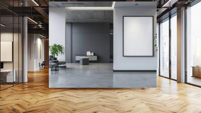 A mockup of a Large empty frame or blank white photo frame on the wall in a modern building office interior background. copy space for text. Wall mural