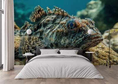 A stonefish camouflaged on the rocky seabed. copy space for text. Wall mural