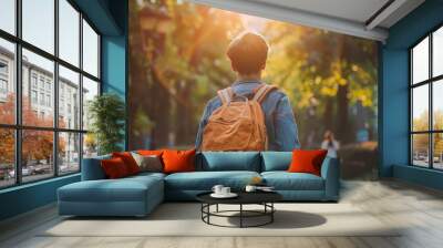 Back to school, Back of college student with backpack while going to university by walking from street, teenager in campus, education background. copy space for text. Wall mural