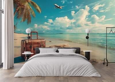 Banner of suitcase on the beach on the flying plane background, travel vacation background. copy space for text. Wall mural