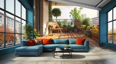 Beautiful balcony or terrace with wooden floor, chair, green potted flowers plants. Stylish balcony home terrace with city background. copy space for text. Wall mural