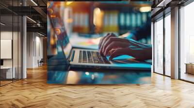 Businesswoman working on a laptop computer to document management online documentation database digital file storage system software records keeping database technology file access doc sharing. Wall mural