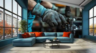 close-up of a worker's hands in protective gloves working on a factory machine. copy space for text. Wall mural